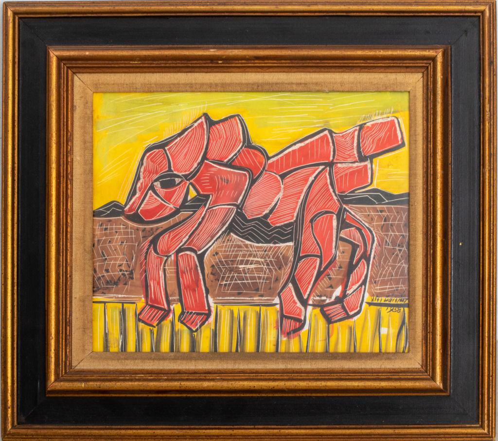 John Murray Barton "Dream Animal" MCM Mixed Media: John Murray Barton (American, 1921-2000) "Dream Animal" New York School Mid-Century Modern mixed media painting depicting a whimsical red creature amongst a Cubist landscape, titled to verso, signed "