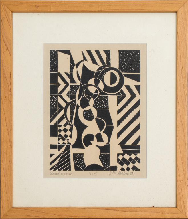John Murray Barton "Seated Woman" Artist's Proof: John Murray Barton (American, 1921-2000) "Seated Woman" New York School artist's proof block print depicting a Cubist figure, 1955, titled lower left, "A.P." lower center, signed "JM Barton" and dated