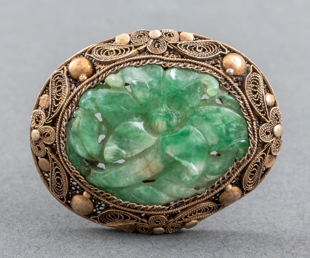 Chinese Gilt Silver Filigree Carved Jadeite Brooch (1 of 5)