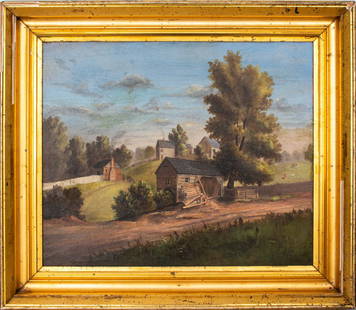 Ralph Holmes "Rural Scene" Oil on Canvas: Ralph William Holmes (American, 1876-1963) "Rural Scene" oil on canvas painting depicting a landscape scene with a log cabin, cows and sheep grazing in the distance, titled and signed to verso, Wunder