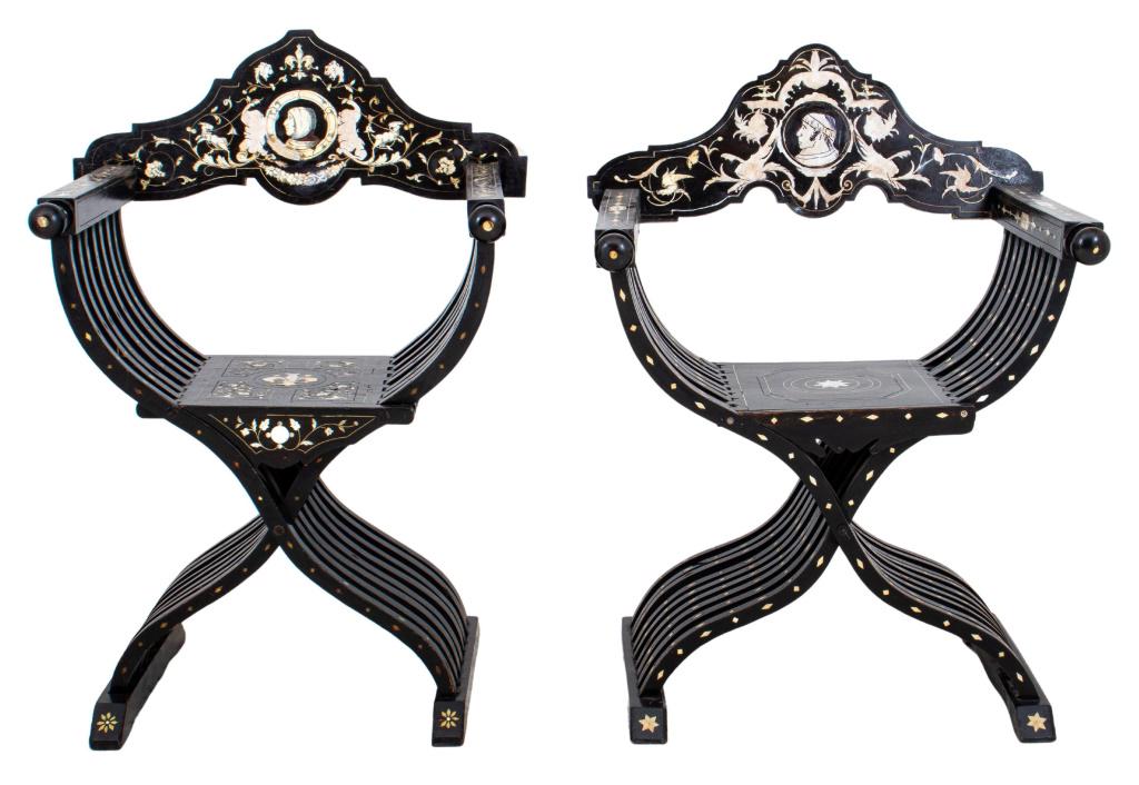 Florentine Inlaid Ebonized Savonarola Chairs, 2 (1 of 13)