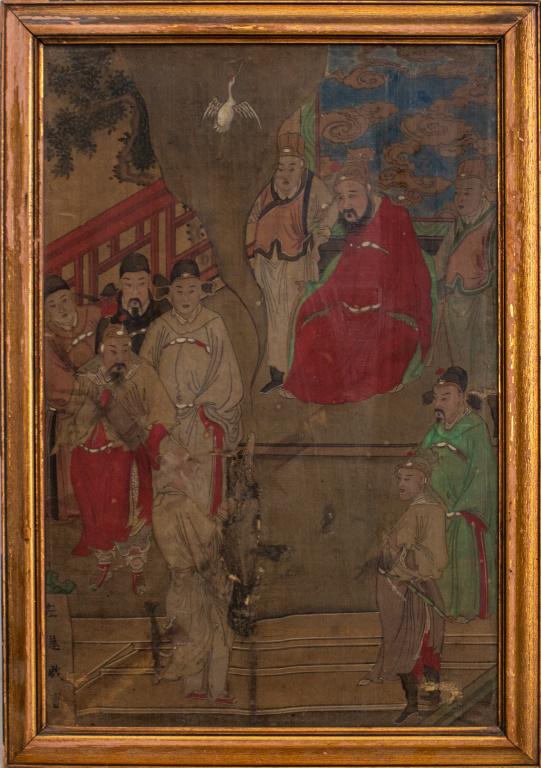 Chinese Painting on Silk with Courtly Figures: Antique Chinese painting on silk fabric depicting an interior scene with courtly figures and an elder holding a vessel from which a crane emerges, three character mark beneath a lotus pad to lower lef