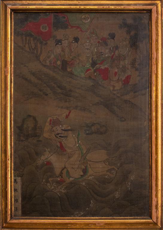 Chinese Painting on Silk with Fleeing Rider: Antique Chinese painting on silk fabric depicting a mounted figure fleeing a group of soldiers, his horse fearlessly striding into waves, three character mark beneath a lotus pad to lower left, housed