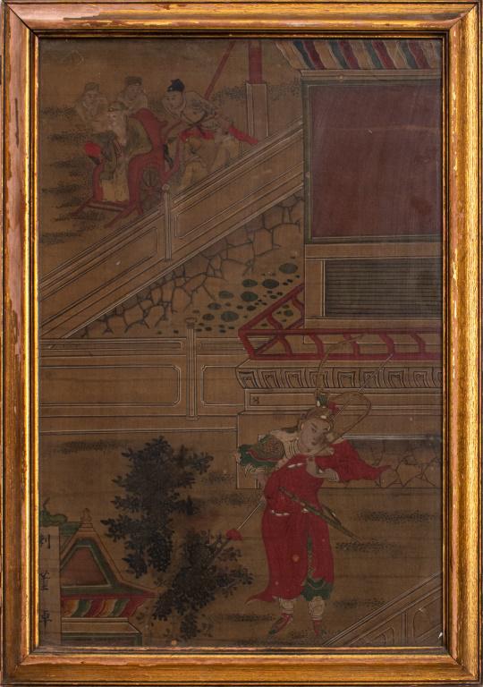Chinese Painting on Silk with Warrior: Antique Chinese painting on silk fabric depicting a warrior figure in a courtyard to the foreground and an elderly figure in a chariot with attendants in the background, three character mark beneath a