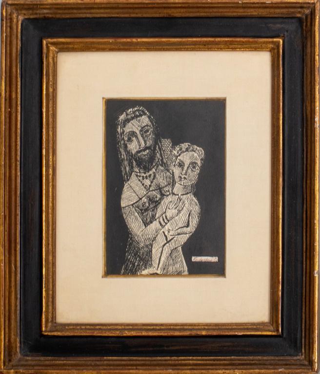 Nahum Tschacbasov Surrealist Tiresias Linocut 1937: Nahum Tschacbasov (American-Russian, 1899-1994) Cubo-Surrealist linocut depicting the hermaphroditic prophet of Apollo, Tiresias, signed and dated "'37" lower right, housed under glass in an ebonized