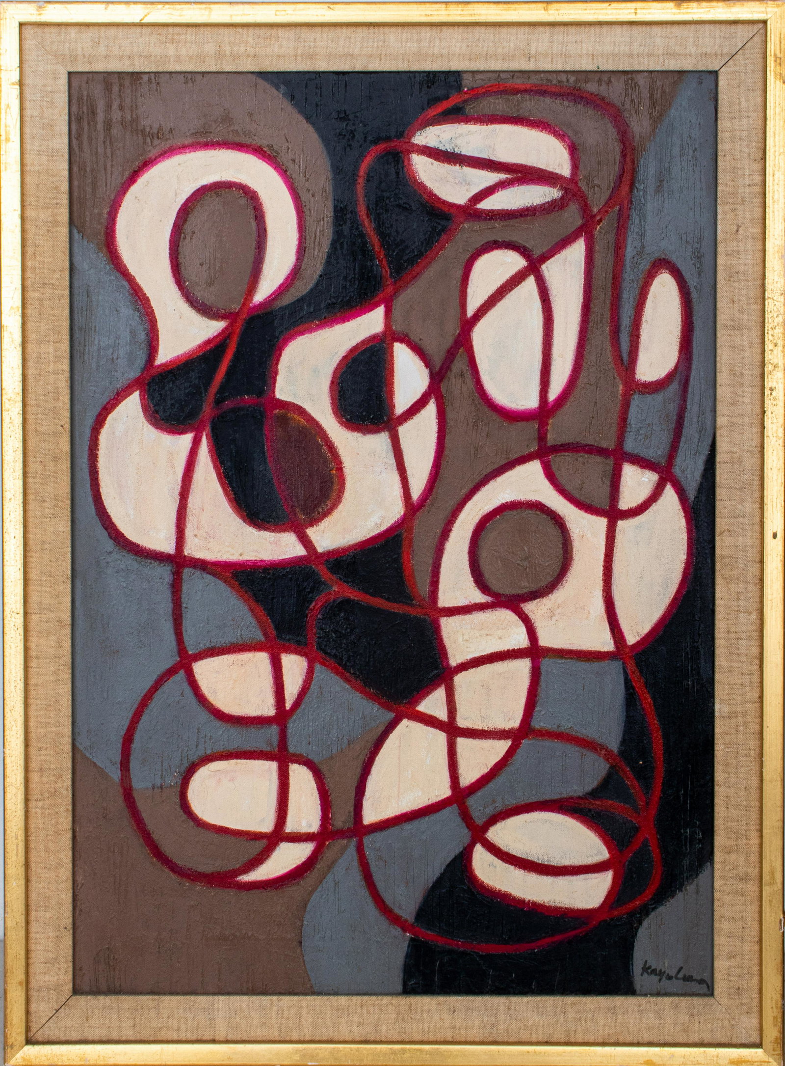 Kayo Lennar "Musicians" Oil on Canvas, 1993: Kayo Lennar (French/American, b. 1923) "Musicians" oil on canvas painting depicting abstracted Cubist figures, signed lower left and verso, titled and dated "Oct. 1993" to reverse, housed in a gilt wo