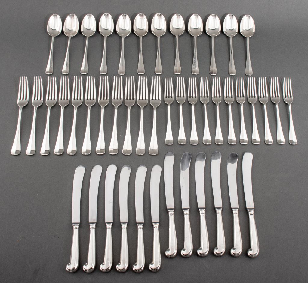 James Robinson Silver "Queen Anne" Part Dinner Svc: James Robinson sterling silver part dinner service in the "Queen Anne" pattern, each piece marked "James Robinson / England" with sterling and London marks, and each with date marks for 1966, and comp