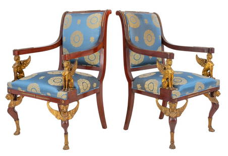 Jacob Desmalter Manner Empire Style Armchair, 2: Francois-Honore-Georges Jacob-Desmalter (French, 1770-1841) manner pair of mahogany Empire style armchairs in the "back from Egypt" taste, having front legs terminated by lion's paws and surmounted by