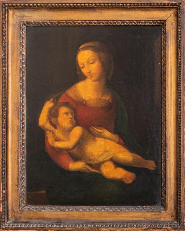 Julia Frances Bronson "Bridgewater Madonna" Oil: Julia Frances Bronson (American, 1844-1921) oil on board panel religious painting after "The Bridgewater Madonna" by the old master Rafael (Italian, 1483-1520), depicting Mother Mary and infant Jesus,