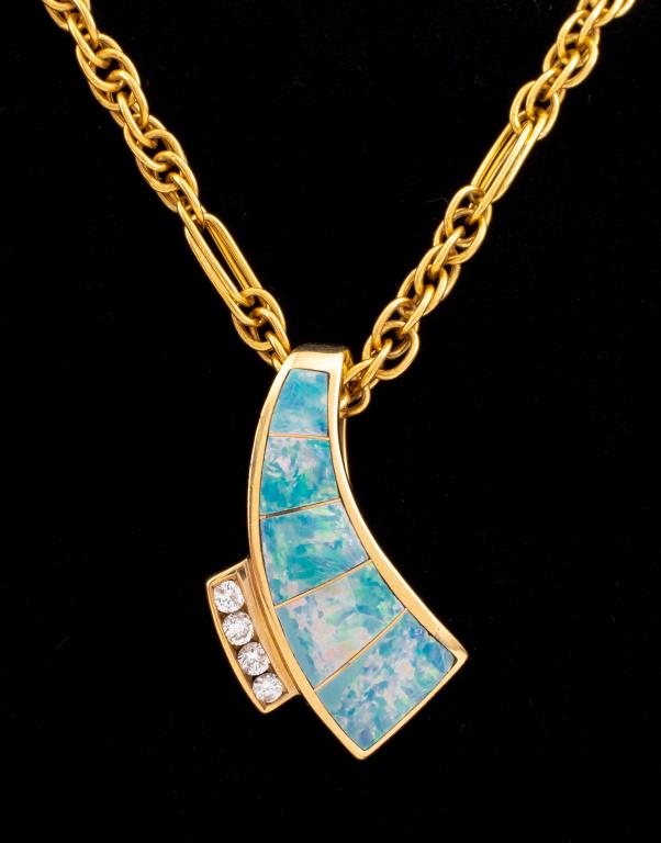 14K Gold Opal Inlay Diamond Pendant Necklace (1 of 7)
