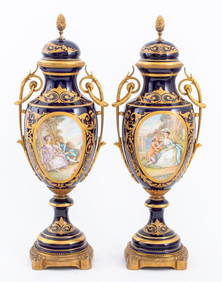 Sevres Ormolu Mounted Cobalt Porcelain Urns, Pair (1 of 12)