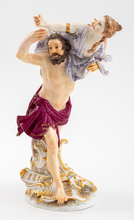 Meissen Porcelain Group of the "Rape of Persephone: Meissen porcelain figural group of the "Rape of Persephone" 1860-1890 after the model by Joachim Kaendler of 1750, and depicting Hades with Persephone, clothed, over his left shoulder, on a parcel gil