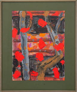 Gerald Van de Wiele Abstract Oil on Paper: Gerald Van de Wiele (American, born 1932) "Creature of the Death" abstract oil on paper, signed to verso, housed in a green metal frame. Image: 14" H x 10.5" W; frame: 18.25" H x 15.25" W. Note: Prove