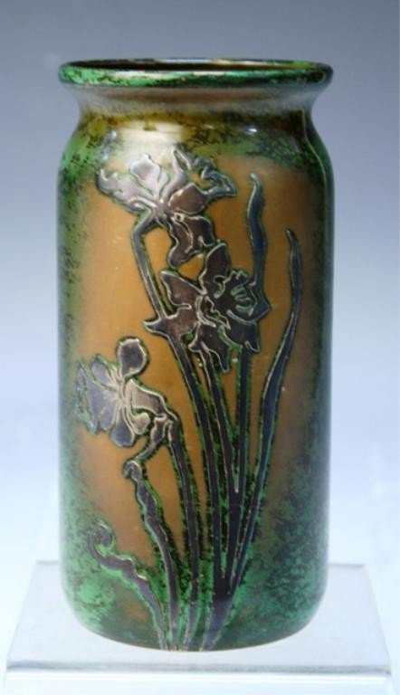 Heintz Sterling Silver & Bronze Vase early 20th C: Bronze cylinder vase with sterling silver overlay of daffodils and green patina, 3846, PatAug2712, Heintz Art Metal Shop, United States; marked. Dimensions:6-1/8"H x 3" diameter