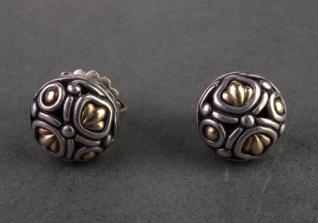 Vintage 18K White and Yellow Gold Stud Earrings: Vintage Art Nouveau style 18K white and yellow gold stud earrings with push post closures, marked "18K"" with maker's mark. Studs approx: 0.437" Diameter. Approx: 3.7 dwt.