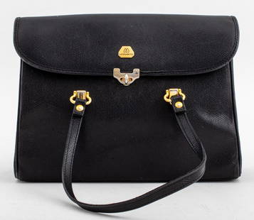 Morabito Paris French Black Leather Purse: Morabito Paris French handbag, with black leather exterior, gold- and silver-toned hardware, and canvas lining with two interior pockets, made in France. 8.5" H x 11" W x 3" D.