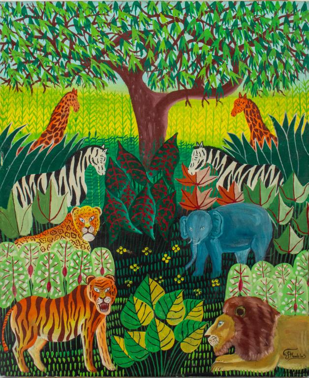 C. J. Mondelus Haitian Naive Acrylic on Canvas: C. J. Modelus Haitian naive acrylic on canvas depicting African animals, signed to lower right, unframed. 24" H x 20" W.
