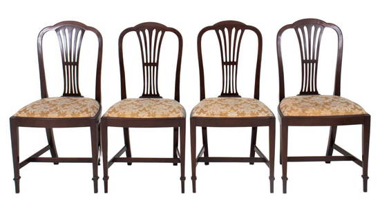 George III Sheraton Style Mahogany Chairs, 4: Set of four (4) George III style chairs in the manner of Thomas Sheraton (British 1751-1803) with shaped backs and reticulated backsplats above shaped rectangular drop in seats on square tapering legs