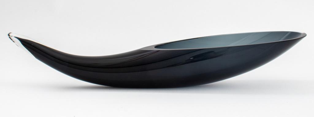 Winslow Anderson for Blenko Glass, Horn of Plenty: Winslow Anderson (American, 1917 - 2007), "Horn of Plenty" (designed 1972) for Blenko Glass of West Virginia, model 964, in smoke glass in the form of a stylized cornucopia, unsigned. 19" L