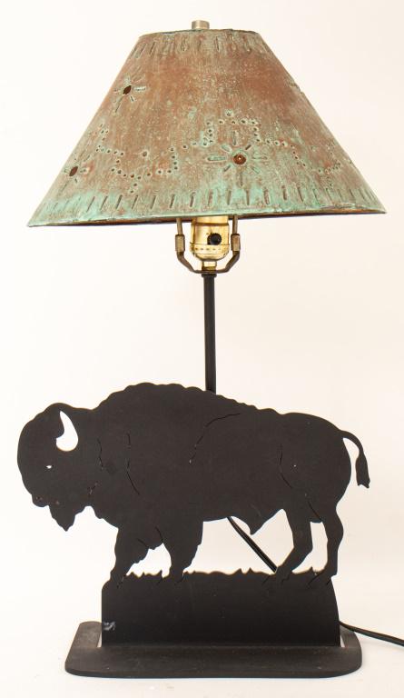 Thomas Molesworth Style Buffalo Lamp: Thomas Molesworth style buffalo lamp with verdigris shade. 14" H