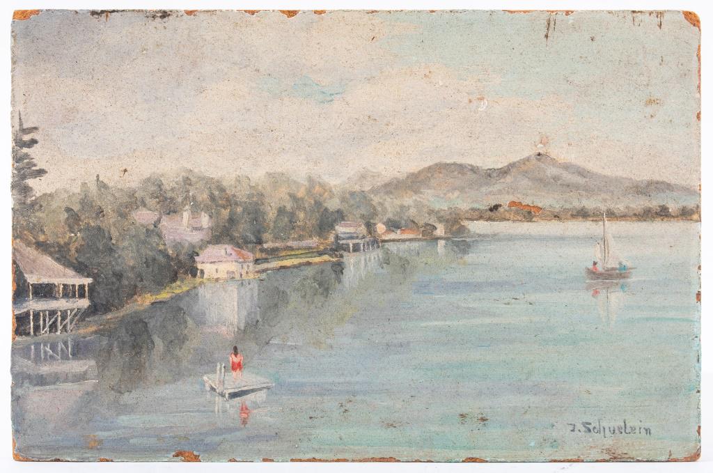 Julius W. Schulein, Lake Scene, Oil on Masonite: Julius Wolfgang Schulein (German - American, 1881-1970) a lake scene, oil on masonite, signed "J. Schulein" lower right. 3.5" H x 5.25" W (unframed)