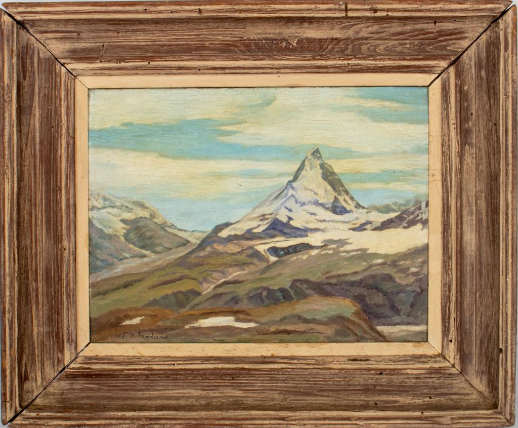 E.N Goodwin "Snow Mountain" Landscape Oil on Panel: E. N. Goodwin (American, XX) Mid-Century "Snow Mountain" landscape oil on panel, signed to lower left and verso, housed in a wood frame. Image: 11.5" H x 15.5" W; frame: 18.5" H x 22.5" W. Note: inscr