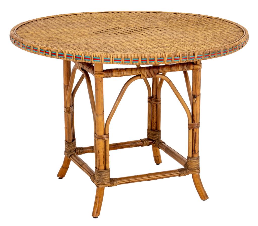Woven Rattan and Bentwood Round Dining Table: Woven rattan round dining table raised on bentwood tapered legs. 29.5" H x 40.5" in diameter.