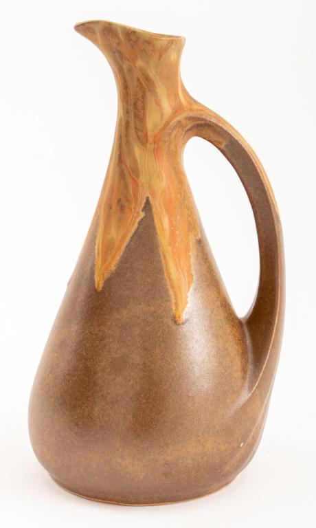 French Art Nouveau Denbac Ceramique Pitcher, 1900: French Art Nouveau Denbac ceramic vase glazed in earth tones and apricot, impressed signature to underside, 8.5" H x 4.5" diameter