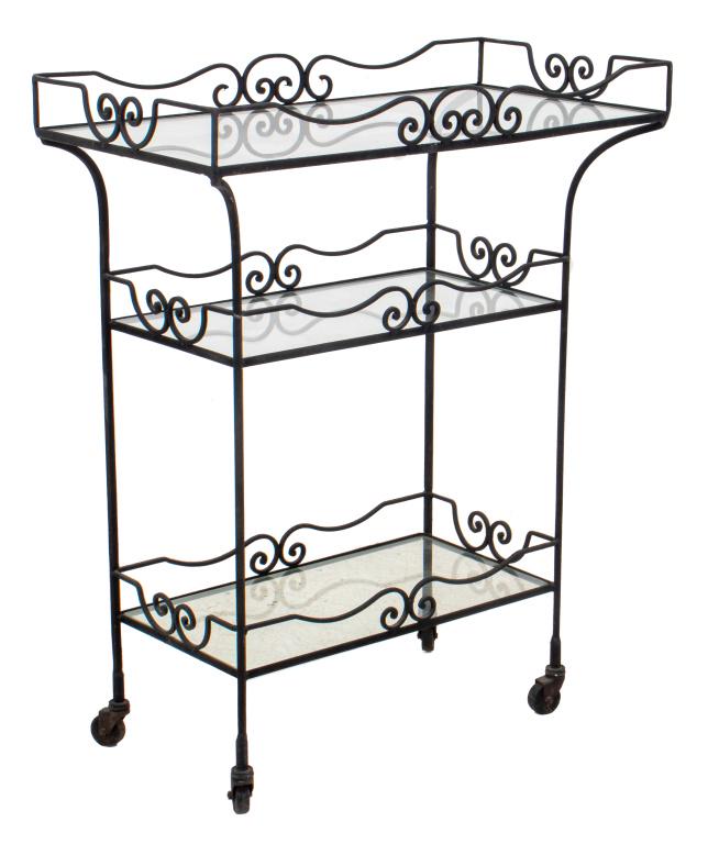 Mid-Century Modern Wrought Iron Rolling Bar: Mid-Century Modern ebonized wrought iron bar raised on casters with three glass shelves. 39.5" H x 32" W x 16.25" D.