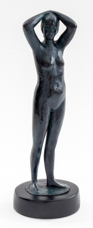 Seymour Remenick Spelter Sculpture of a Nude Woman: Seymour Remenick (American, 1923-1999) patinated spelter sculpture depicting a standing nude female figure raising her arms over her head, upon an ovoid base signed "Remenick." 12" H x 4.25" W x 3.5"