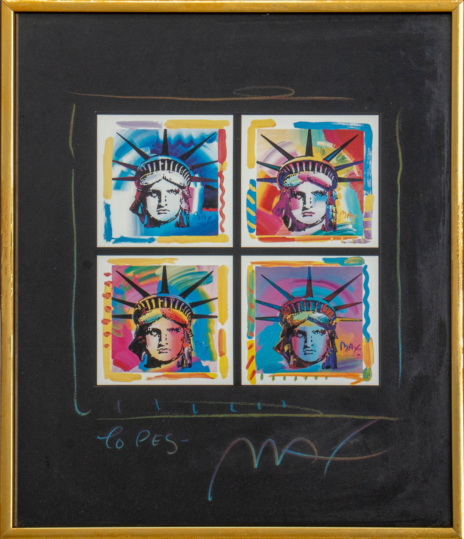 Peter Max "Liberty Heads" Signed Serigraph: Peter Max (American, b. 1937) "Liberty Heads" serigraph with four polychrome Statue of Liberty heads, mounted on black paper with colorful chalk drawing by the artist, signed "MAX" lower right, Peter