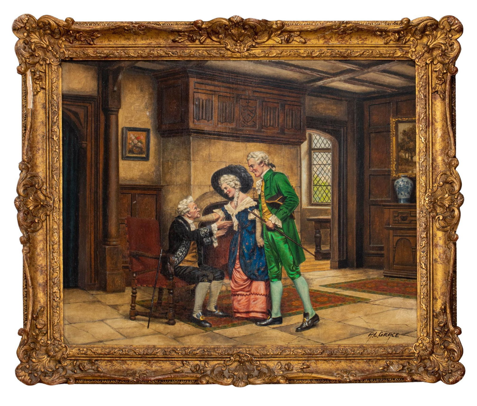 A.L. Grace "Visitors" Interior Scene Oil on Canvas (1 of 17)