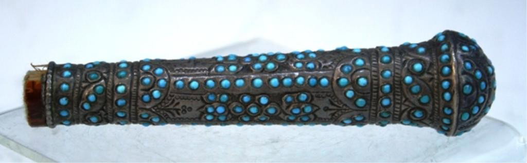 Middle Eastern Silver Handle w/ Turquoise Inlays: Silver handle with incised designs and turquoise colored bead inlays, possibly Middle Eastern; unmarked. Dimensions: 4-1/2"H x 1"Diameter