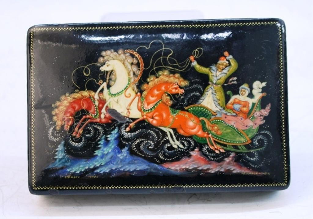 Russian Lacquered Box w/ Painted Image 20thC: Rectangular lacquered box with painted scene of horse and sleigh, has red interior, Russia, early twentieth century; unmarked. Dimensions: 1-1/2"H x 5-6/8"W x 3-3/4"D