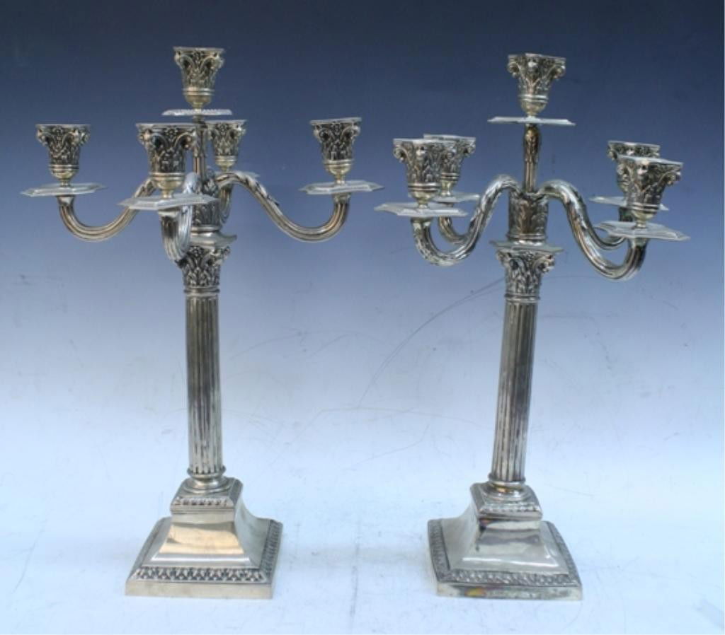 Pair of German Silver 5 Arm Nouveau Candelabras: Pair of silver five arm art nouveau candelabras with column shaft motif, Germany; marked 800. Dimensions: 18-1/8"H x 5-1/8"W x 5-1/8"D weight: each approx. 37.3 oz