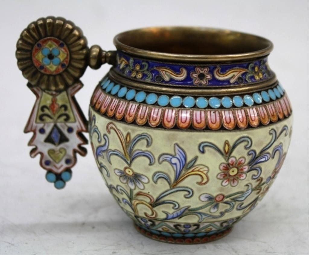 Russian Silver Cup w/ Cloisonne Floral Motif: Silver cup with cloisonne floral motif and handle, Russia; marked on bottom. Dimensions: 3"H x 4"W x 3" diameter