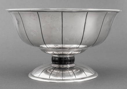 Erik Magnussen (Danish, 1884-1961) for Gorham sterling silver centerpiece bowl with repousse: Erik Magnussen (Danish, 1884-1961) for Gorham sterling silver centerpiece bowl with repousse borders, the round foot conjoined to the bowl with an ebonized element, inscribed "E.P.W. / CHRISTMAS . 192