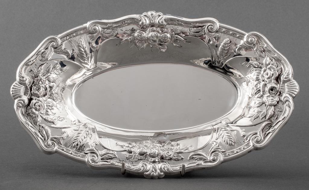 Grand sterling silver oblong tray with repousse decoration comprising flowers, ears of wheat, (1 of 5)