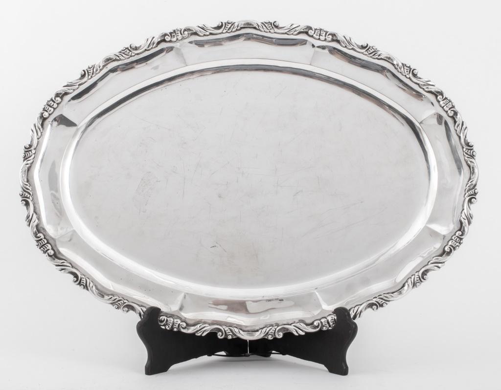 Reyna Mexican sterling silver tray of ovoid form with scalloped rim and applied scrolling foliate (1 of 6)