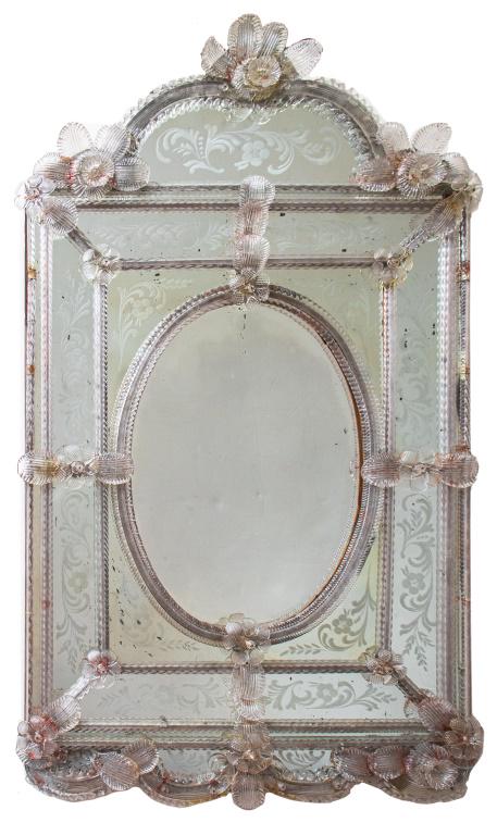 Antique Venetian Murano glass mirror with frosted glass foliate border and molded glass flowers (1 of 8)