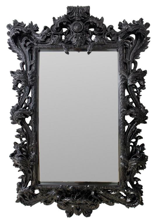 Monumental Baroque Revival black lacquered wood full length beveled mirror, the frame of ornate (1 of 11)