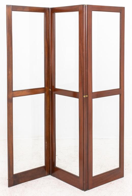 Regency mahogany and glass three panel screen or paravent, each panel containing two panes of glass, (1 of 4)