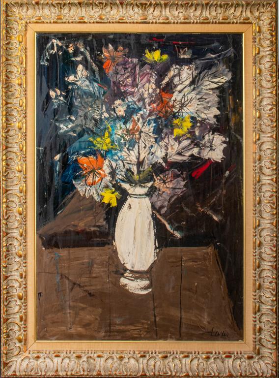 Charles Levier (French, 1920-2003) oil painting on panel depicting an Expressionist still life scene: Charles Levier (French, 1920-2003) oil painting on panel depicting an Expressionist still life scene with a white vase filled with polychrome flowers atop a wooden table, signed lower right, housed in