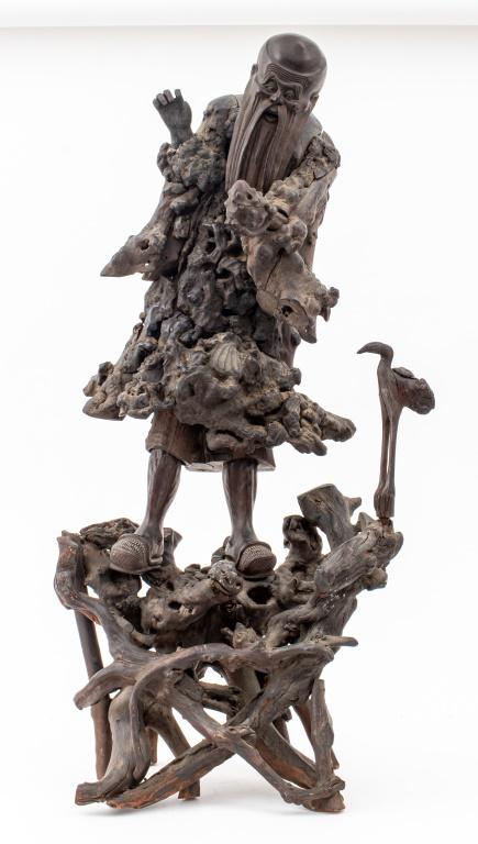Large antique Chinese rootwood carving of Shou Xing or Hsing, god of longevity and one of the three (1 of 12)