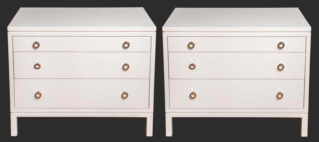 Nancy Corzine pair of modern white lacquered commodes, each with floating rectangular top above (1 of 10)