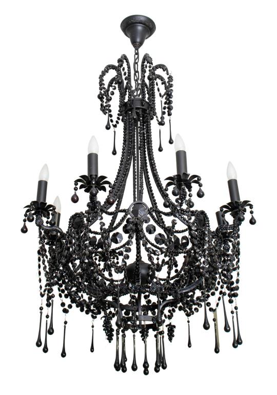 Hollywood Regency style chandelier with black crystal pendant drops, some octagonal, some in the (1 of 9)