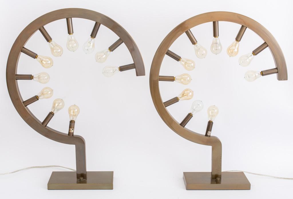 Pair of Industrial modern loft style 10 light circular Steampunk table lamps, raised on rectangular (1 of 7)