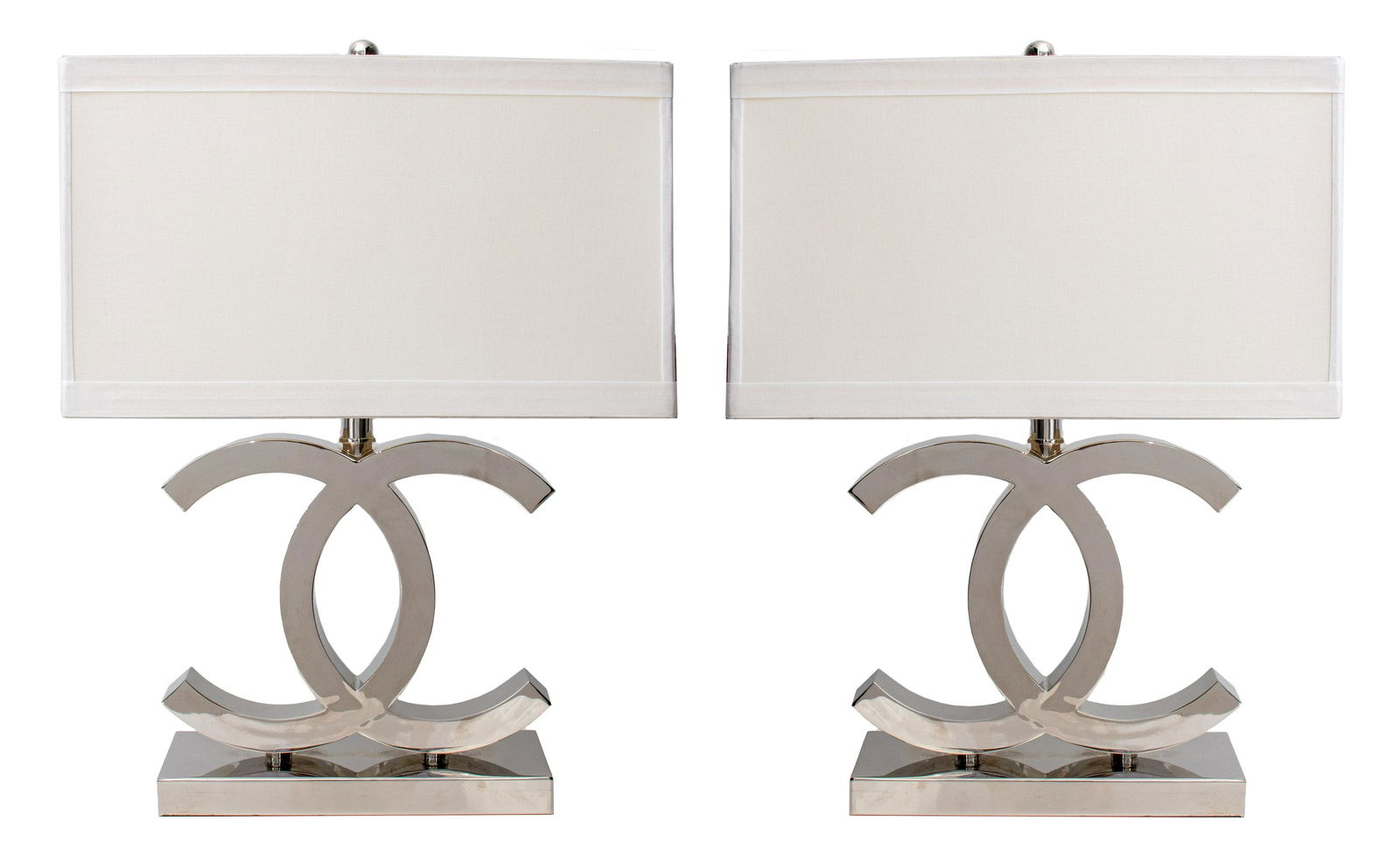 Pair of Chanel style fashion design modern table lamps raised on "double C" logo chrome bases with (1 of 9)