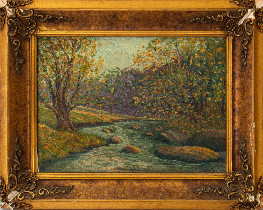 Illegibly signed early 20th century oil painting on panel depicting a brook in a wooded landscape,: Illegibly signed early 20th century oil painting on panel depicting a brook in a wooded landscape, bearing illegible signature lower right, housed in a gessoed gilt wood frame. Losses to frame. Image: