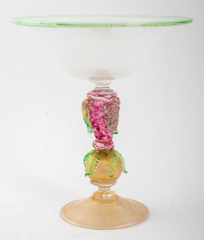 Italian Murano Art Glass compote with Zanfirico bowl, round foot encased with gold flecks, and stem (1 of 10)